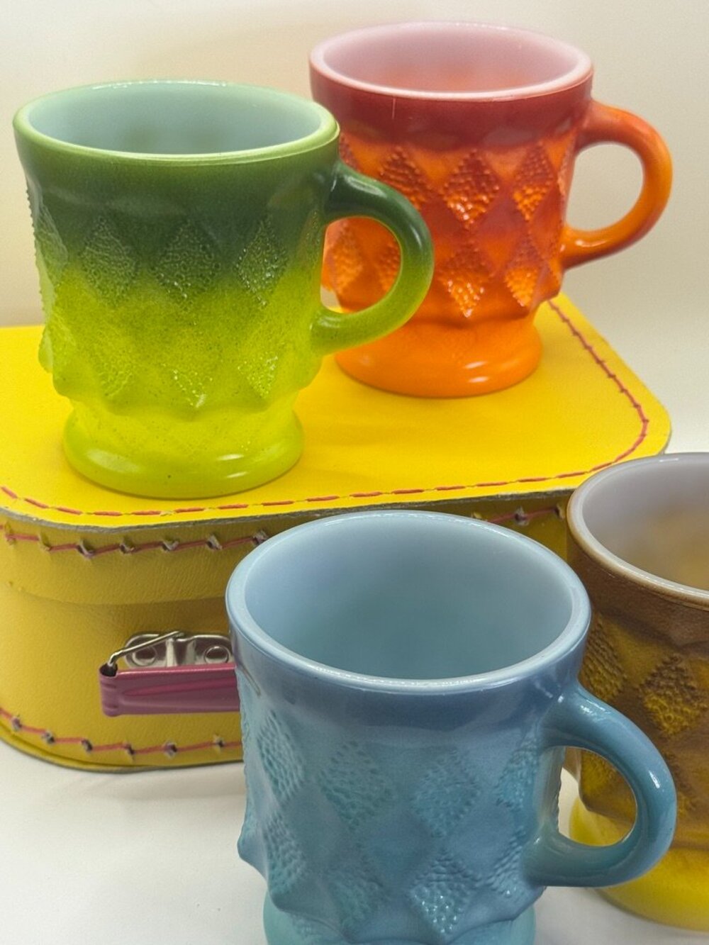 MCM Vintage Fire King Kimberly Diamond Milk Glass Mugs Set of 4 Anchor Hocking